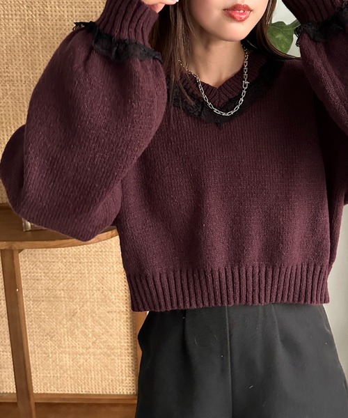 apres jour mignon(アプレジュールミニョン)の「フリルレースVニット【ZOZOTOWN限定アイテム】(ニット/セーター・レディース・ボルドー/チャコールグレー/ブラック・X-LARGE/フリー)」の19枚目の写真