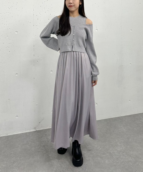 【セール】オフショルニットカーディガン×ドッキングワンピースＳＥＴ（ワンピース）｜archives（アルシーヴ）