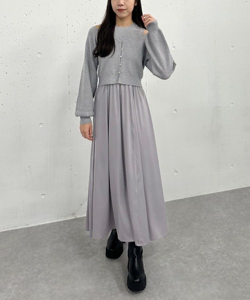 archives（アルシーヴ）の「オフショルニットカーディガン×ドッキングワンピースＳＥＴ（ワンピース・レディース・ブラック/ベージュ/グレー・MEDIUM）」の6枚目の写真