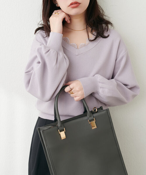 natural couture(ナチュラルクチュール)の「レース衿Vネックプルオーバー(ニット/セーター・レディース・ラベンダー/ピンク/オフホワイト/チャコールグレー・FREE)」の4枚目の写真