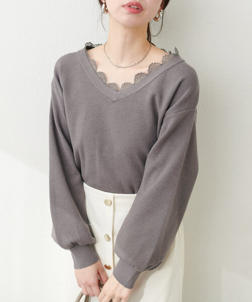 レース衿Ｖネックプルオーバー（ニット/セーター）｜natural couture（ナチュラルクチュール）