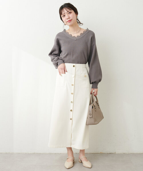 natural couture(ナチュラルクチュール)の「レース衿Vネックプルオーバー(ニット/セーター・レディース・ラベンダー/ピンク/オフホワイト/チャコールグレー・FREE)」の16枚目の写真