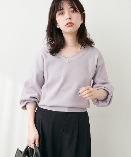 natural couture(ナチュラルクチュール)の「レース衿Vネックプルオーバー(ニット/セーター・レディース・ラベンダー/ピンク/オフホワイト/チャコールグレー・FREE)」の12枚目の写真