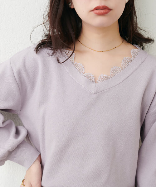 natural couture(ナチュラルクチュール)の「レース衿Vネックプルオーバー(ニット/セーター・レディース・ラベンダー/ピンク/オフホワイト/チャコールグレー・FREE)」の10枚目の写真