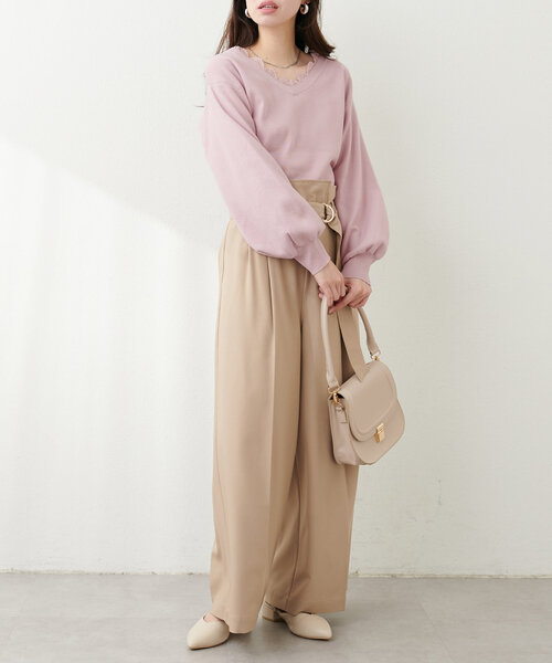 週末セール☆【今季新作】ジャスグリッティ レース衿フレンチニット ピンクベージュ セール】レース衿Vネックプルオーバー（ニット/セーター）｜natural