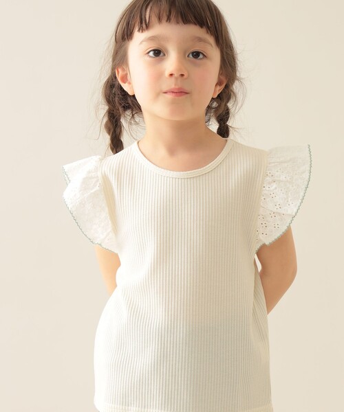 BEAMS mini（ビームスミニ）の「レース スリーブ ワッフル プルオーバー Tシャツ 2025SS（90～150cm）（Tシャツ/カットソー・キッズ・イエロー/オフホワイト・150/140/110/100/130/120/90）」の2枚目の写真