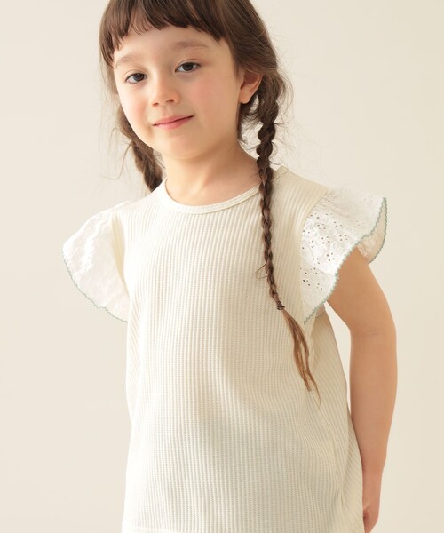 BEAMS mini（ビームスミニ）の「レース スリーブ ワッフル プルオーバー Tシャツ 2025SS（90～150cm）（Tシャツ/カットソー・キッズ・イエロー/オフホワイト・150/140/110/100/130/120/90）」の3枚目の写真
