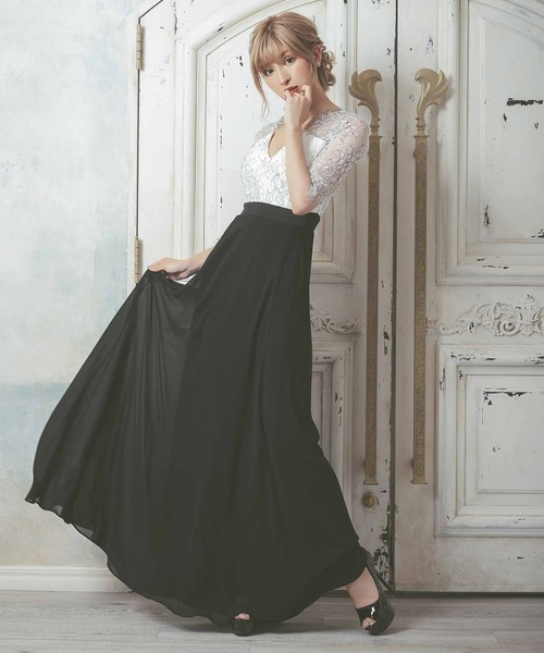 キャバドレス ロング フレア クラシカルフラワーレース袖あり Aライン