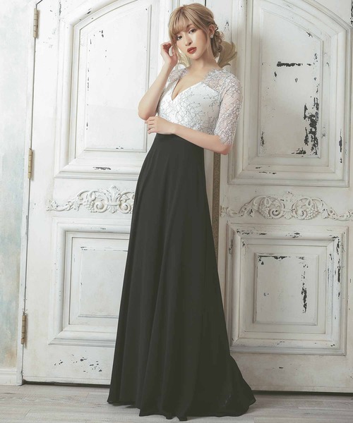 キャバドレス ロング フレア クラシカルフラワーレース袖あり Aライン