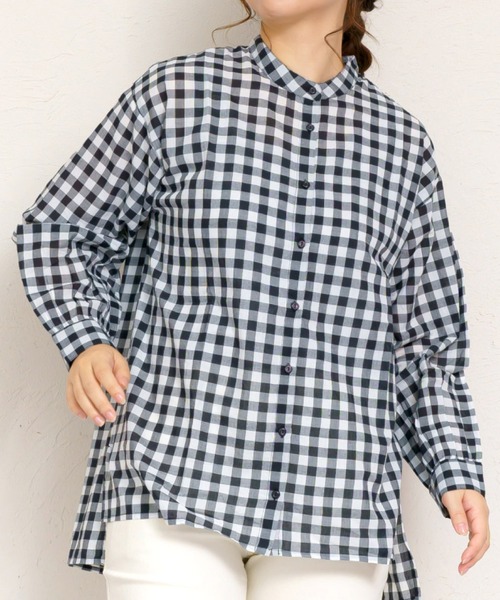 MARAI(マーライ)の「スタンドカラー 長袖 ロングシャツ ブラウス(シャツ/ブラウス・レディース・ブルー/ブラウン/グレー/ブラック/ホワイト×ブラック・FREE)」の2枚目の写真
