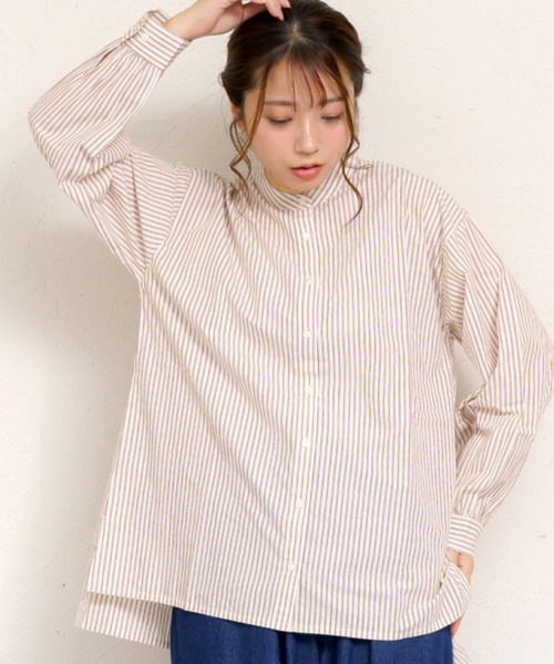 MARAI(マーライ)の「スタンドカラー 長袖 ロングシャツ ブラウス(シャツ/ブラウス・レディース・ブルー/ブラウン/グレー/ブラック/ホワイト×ブラック・FREE)」の4枚目の写真