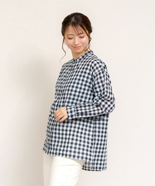 MARAI(マーライ)の「スタンドカラー 長袖 ロングシャツ ブラウス(シャツ/ブラウス・レディース・ブルー/ブラウン/グレー/ブラック/ホワイト×ブラック・FREE)」の6枚目の写真