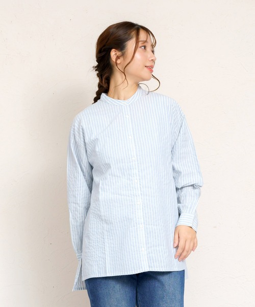 MARAI(マーライ)の「スタンドカラー 長袖 ロングシャツ ブラウス(シャツ/ブラウス・レディース・ブルー/ブラウン/グレー/ブラック/ホワイト×ブラック・FREE)」の11枚目の写真