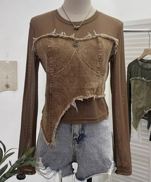 【ampm】アシンメトリーデニムドッキングチュールLSTシャツ