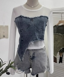 【ampm】アシンメトリーデニムドッキングチュールLSTシャツ