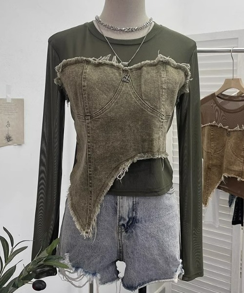 ampm（エーエムピーエム）の「【ampm】アシンメトリーデニムドッキングチュールLSTシャツ（Tシャツ/カットソー・レディース・カーキ/ブラック/ブラウン/ホワイト・FREE）」の4枚目の写真