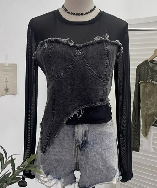 ampm（エーエムピーエム）の「【ampm】アシンメトリーデニムドッキングチュールLSTシャツ（Tシャツ/カットソー・レディース・カーキ/ブラック/ブラウン/ホワイト・FREE）」の3枚目の写真