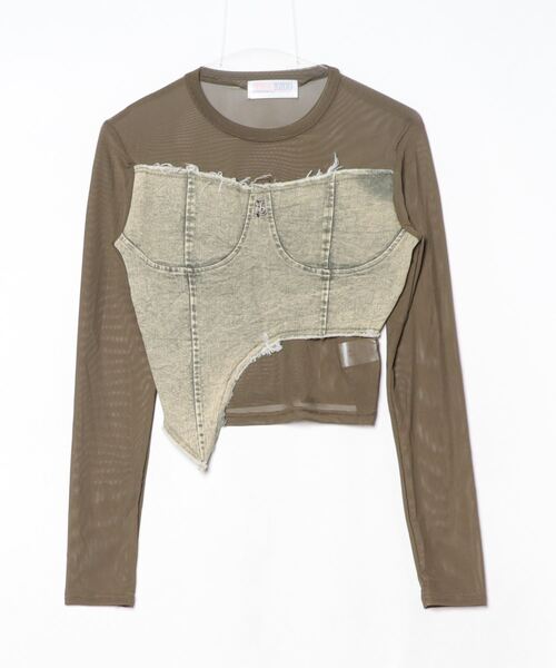 ampm（エーエムピーエム）の「【ampm】アシンメトリーデニムドッキングチュールLSTシャツ（Tシャツ/カットソー・レディース・カーキ/ブラック/ブラウン/ホワイト・FREE）」の14枚目の写真