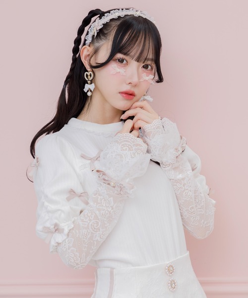 リボンカフス付きレースアームウオーマー　白 リボンカフス付きレースアームウオーマー（アームカバー）｜ROJITA