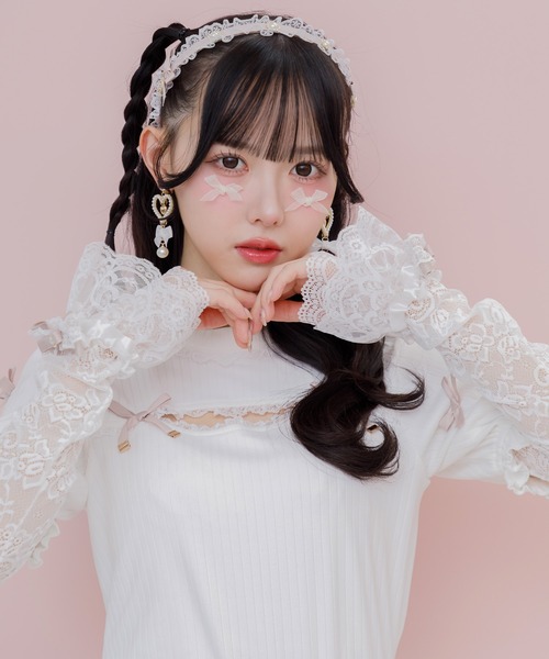 リボンカフス付きレースアームウオーマー　白 リボンカフス付きレースアームウオーマー（アームカバー