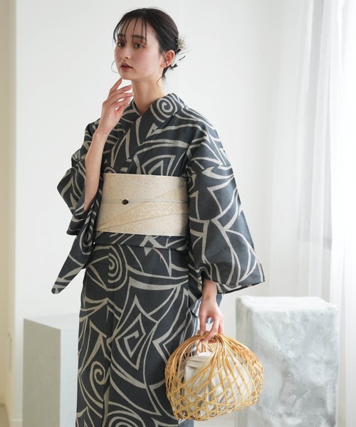セール】浜松注染浴衣3点セット 綿麻×刺し子 錆鼠に渦（浴衣