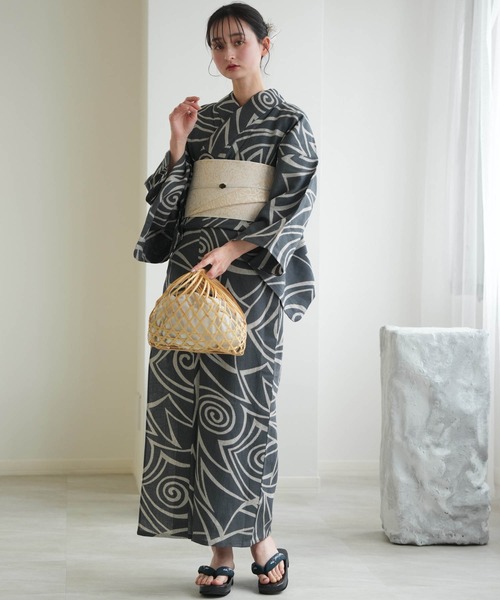 浜松注染浴衣3点セット 綿麻×刺し子 錆鼠に渦（浴衣）｜utatane