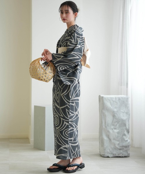綿麻　浴衣　浜松　注染 浜松注染浴衣3点セット 綿麻×刺し子 錆鼠に渦（浴衣）｜utatane