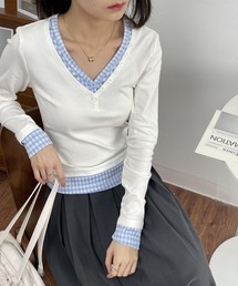 Vネック長袖コットンショートTシャツ