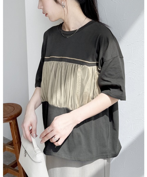 reca(レカ)の「チュール切替ルーズTシャツ(Tシャツ/カットソー・レディース・チャコールグレー/オートミール・FREE)」の1枚目の写真
