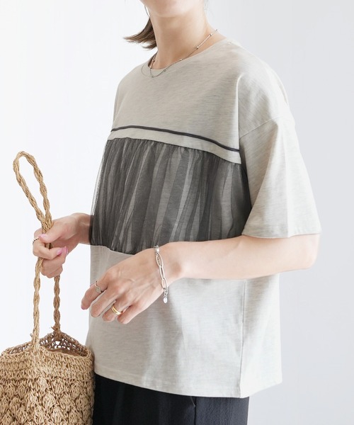 reca(レカ)の「チュール切替ルーズTシャツ(Tシャツ/カットソー・レディース・チャコールグレー/オートミール・FREE)」の3枚目の写真