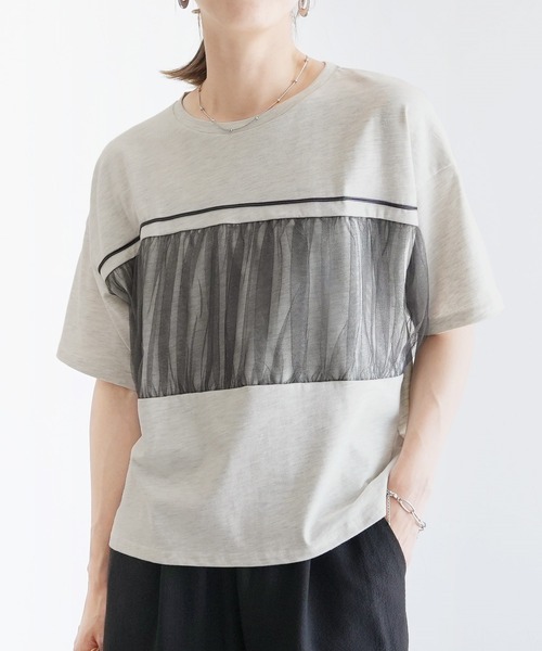 reca(レカ)の「チュール切替ルーズTシャツ(Tシャツ/カットソー・レディース・チャコールグレー/オートミール・FREE)」の5枚目の写真