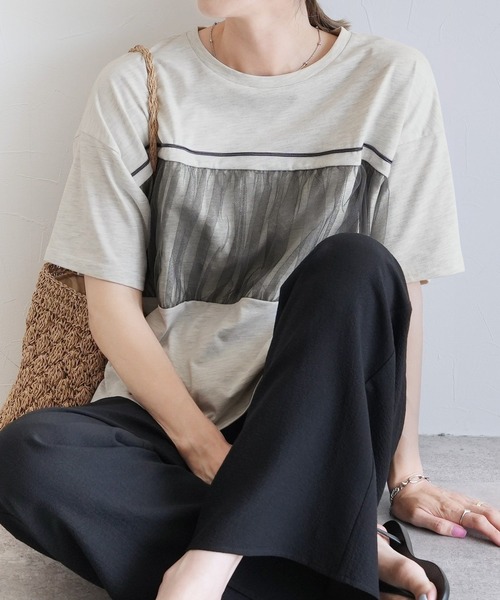 reca(レカ)の「チュール切替ルーズTシャツ(Tシャツ/カットソー・レディース・チャコールグレー/オートミール・FREE)」の8枚目の写真