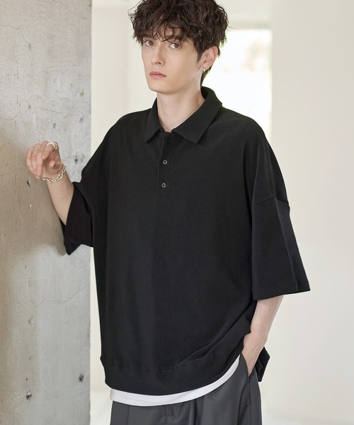 ETELIO（エテリオ）の「リップルプリーツルーズポロシャツ（ポロシャツ・メンズ・ブラック/ネイビー/ブラウン/ライトグレー/ワイン・S/M/L/XL）」の8枚目の写真