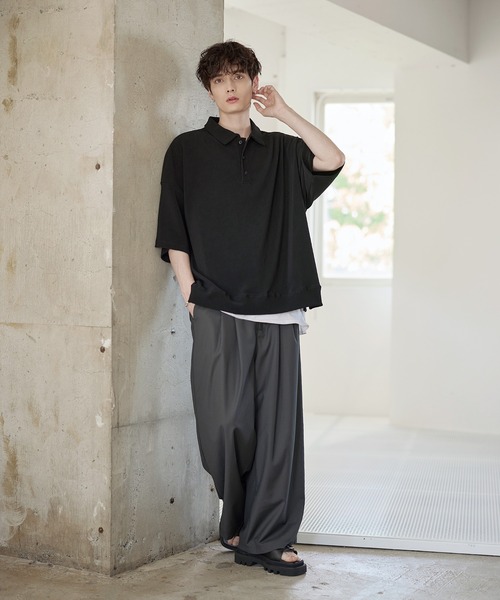 ETELIO（エテリオ）の「リップルプリーツルーズポロシャツ（ポロシャツ・メンズ・ブラック/ネイビー/ブラウン/ライトグレー/ワイン・S/M/L/XL）」の12枚目の写真