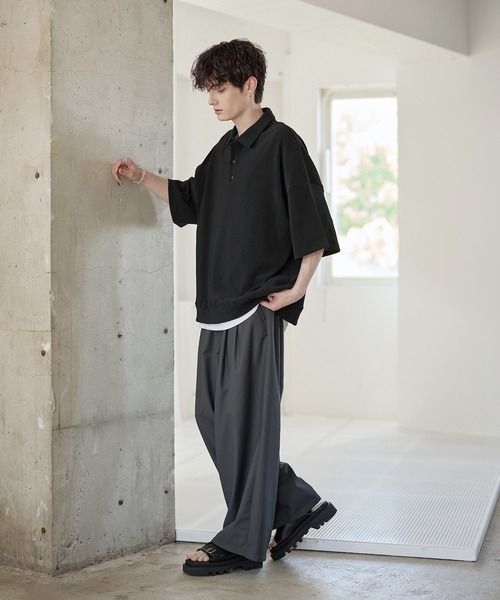 ETELIO（エテリオ）の「リップルプリーツルーズポロシャツ（ポロシャツ・メンズ・ブラック/ネイビー/ブラウン/ライトグレー/ワイン・S/M/L/XL）」の14枚目の写真