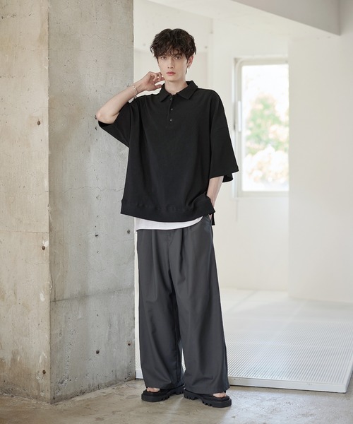 ETELIO（エテリオ）の「リップルプリーツルーズポロシャツ（ポロシャツ・メンズ・ブラック/ネイビー/ブラウン/ライトグレー/ワイン・S/M/L/XL）」の15枚目の写真