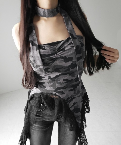 me+em select(ミームセレクト)の「※※【 2color 】チョーカーロングタイ付き ヴィンテージカモフラレースフリルベアトップス / ( choker long tie SET ) vintage camouflage lace frill bare tops(その他トップス・レディース・グレー/カーキ・FREE)」の16枚目の写真