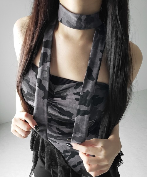 me+em select(ミームセレクト)の「※※【 2color 】チョーカーロングタイ付き ヴィンテージカモフラレースフリルベアトップス / ( choker long tie SET ) vintage camouflage lace frill bare tops(その他トップス・レディース・グレー/カーキ・FREE)」の22枚目の写真