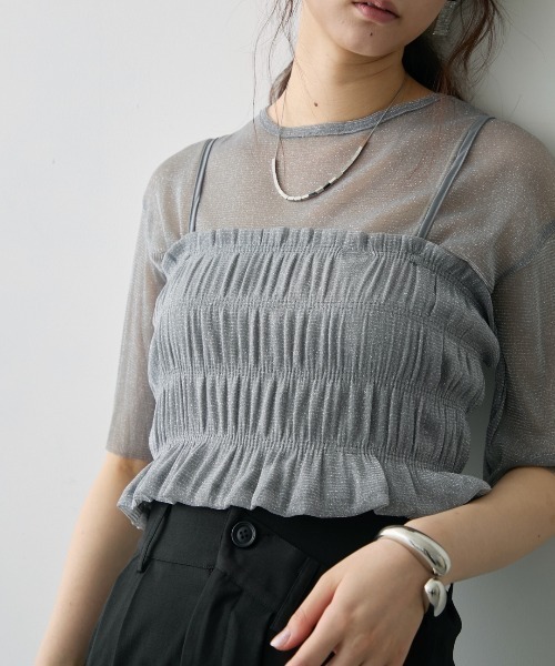 tシャツ ラメシアーTシャツ＆シャーリングビスチェセット レディース ラメシアーTシャツ&シャーリングビスチェセット（Tシャツ