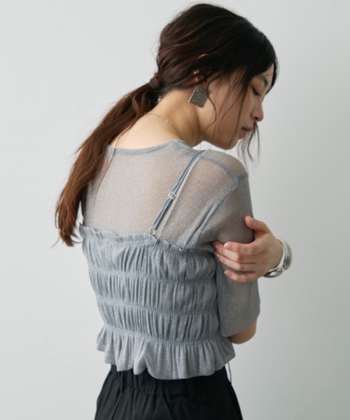 tシャツ ラメシアーTシャツ＆シャーリングビスチェセット レディース ラメシアーTシャツ&シャーリングビスチェセット（Tシャツ