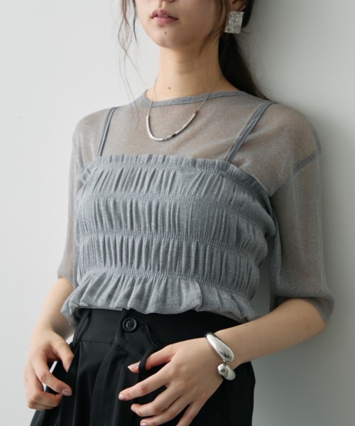ラメシアーTシャツ&シャーリングビスチェセット（Tシャツ