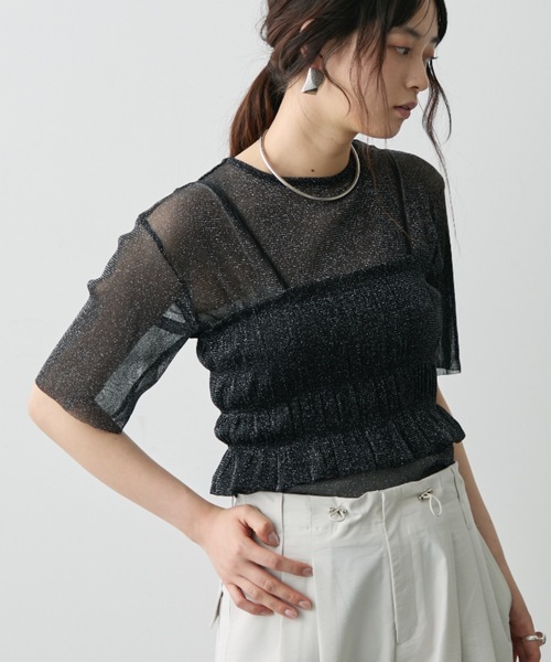 ラメシアーTシャツ&シャーリングビスチェセット（Tシャツ