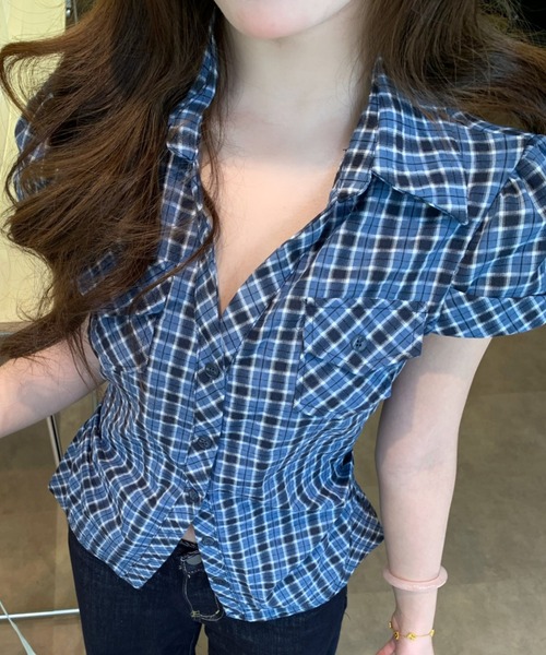 ブラウス シャツ レトロ チェック ボタン シャツ チェックシャツ 半袖 ブルー アシンメトリー 夏服 レディース セール】レトロ チェック ボタン シャツ チェックシャツ 半袖