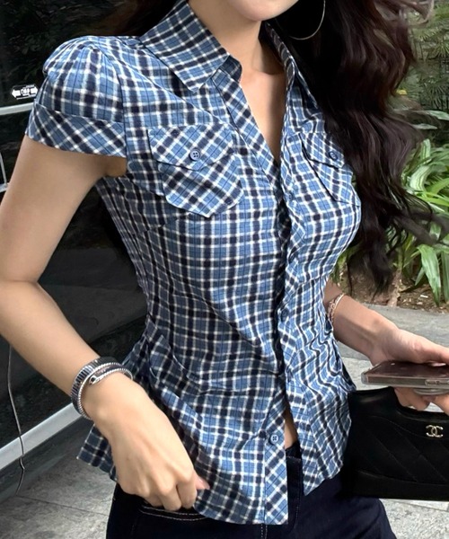 Vipoa(ヴィポア)の「レトロブルーチェックシャツ(シャツ/ブラウス・レディース・ブルー・FREE)」の2枚目の写真