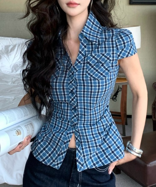 Vipoa(ヴィポア)の「レトロブルーチェックシャツ(シャツ/ブラウス・レディース・ブルー・FREE)」の9枚目の写真