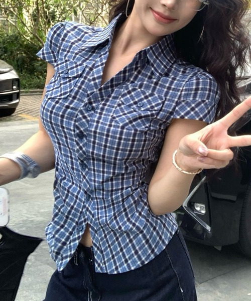 Vipoa(ヴィポア)の「レトロブルーチェックシャツ(シャツ/ブラウス・レディース・ブルー・FREE)」の3枚目の写真