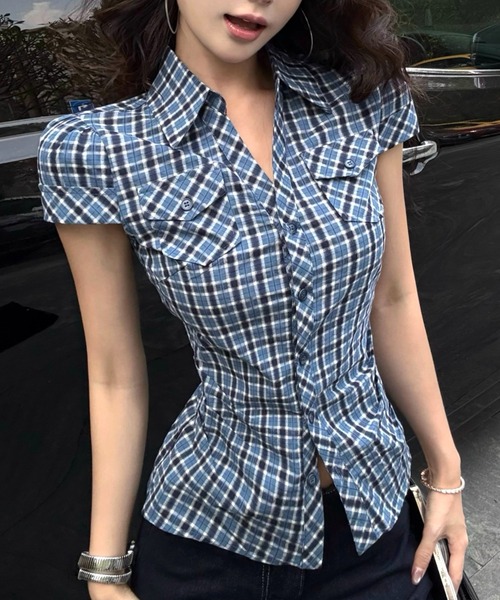 Vipoa(ヴィポア)の「レトロブルーチェックシャツ(シャツ/ブラウス・レディース・ブルー・FREE)」の4枚目の写真