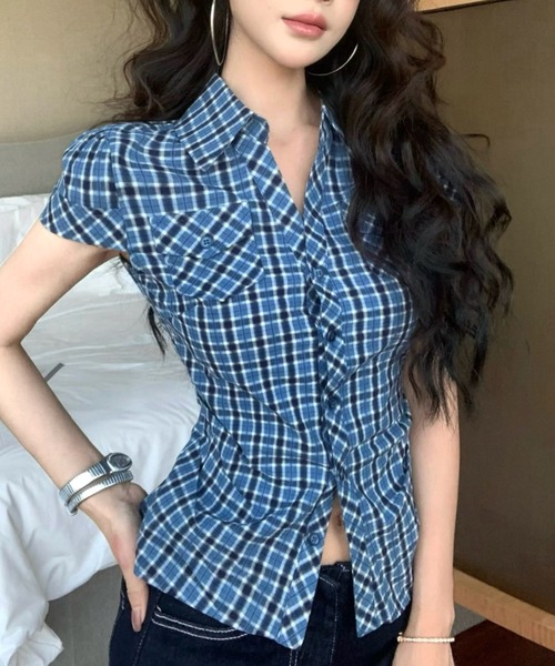 Vipoa(ヴィポア)の「レトロブルーチェックシャツ(シャツ/ブラウス・レディース・ブルー・FREE)」の8枚目の写真