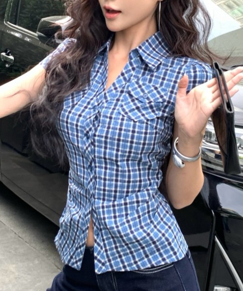 Vipoa(ヴィポア)の「レトロブルーチェックシャツ(シャツ/ブラウス・レディース・ブルー・FREE)」の6枚目の写真