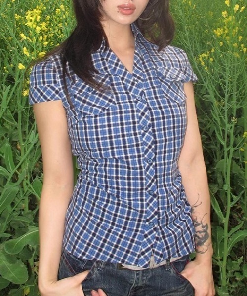 Vipoa(ヴィポア)の「レトロブルーチェックシャツ(シャツ/ブラウス・レディース・ブルー・FREE)」の10枚目の写真